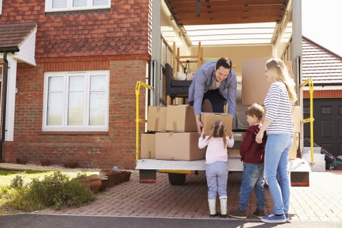 Packed business items ready for transport during an office relocation